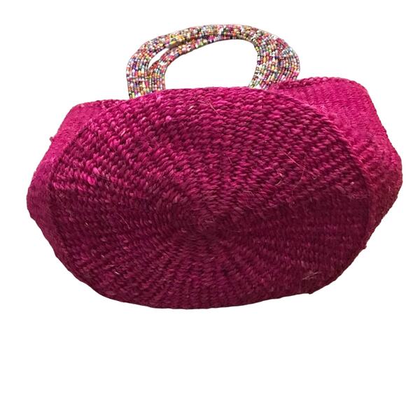 Unique gift beaded handle fuchsia pink straw raffia bag large o/s vibrant bold - Picture 5 of 6